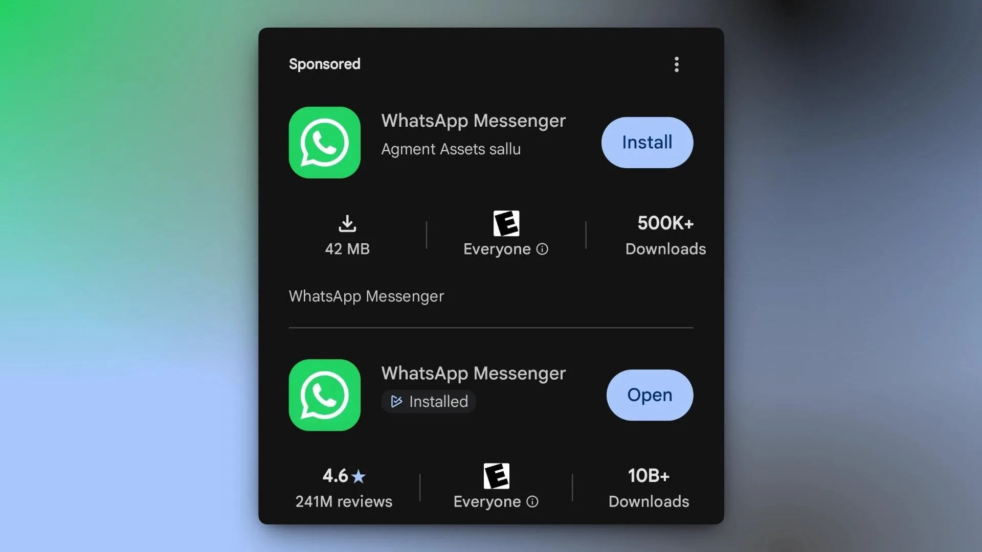 Sahte WhatApp ile resmi WhatApp mağaza görüntüsü