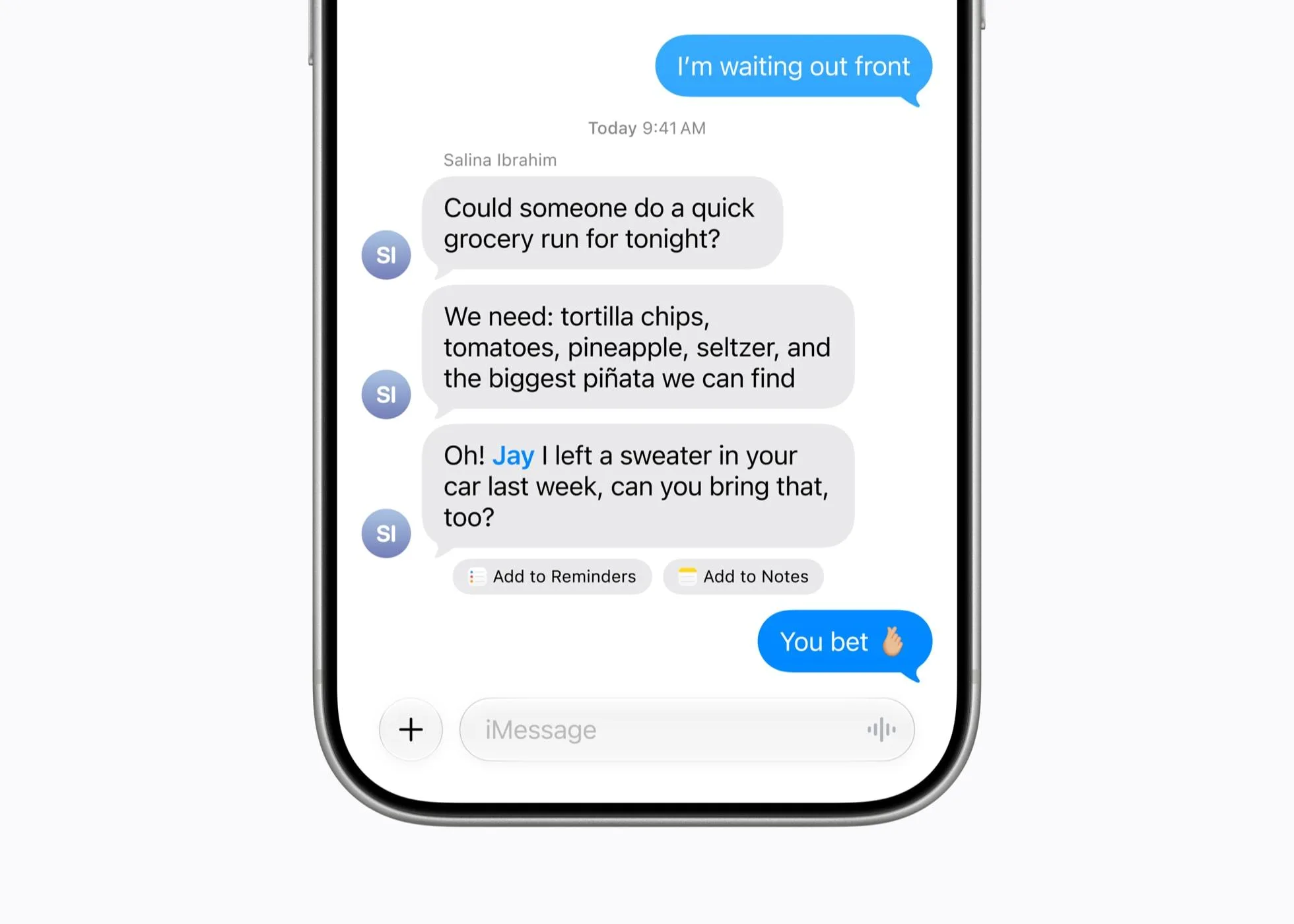 iOS 27 Mesajlar uygulamasında sohbet içeriğine göre gösterilen anımsatıcı ve not oluşturma önerileri