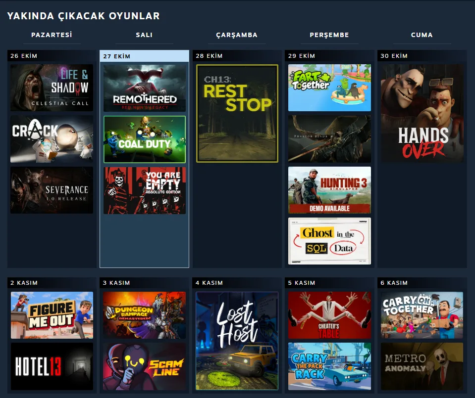 Steam Kişisel Takvim'de oyunların çıkış tarihlerine göre sıralandığı takvim görünümü.