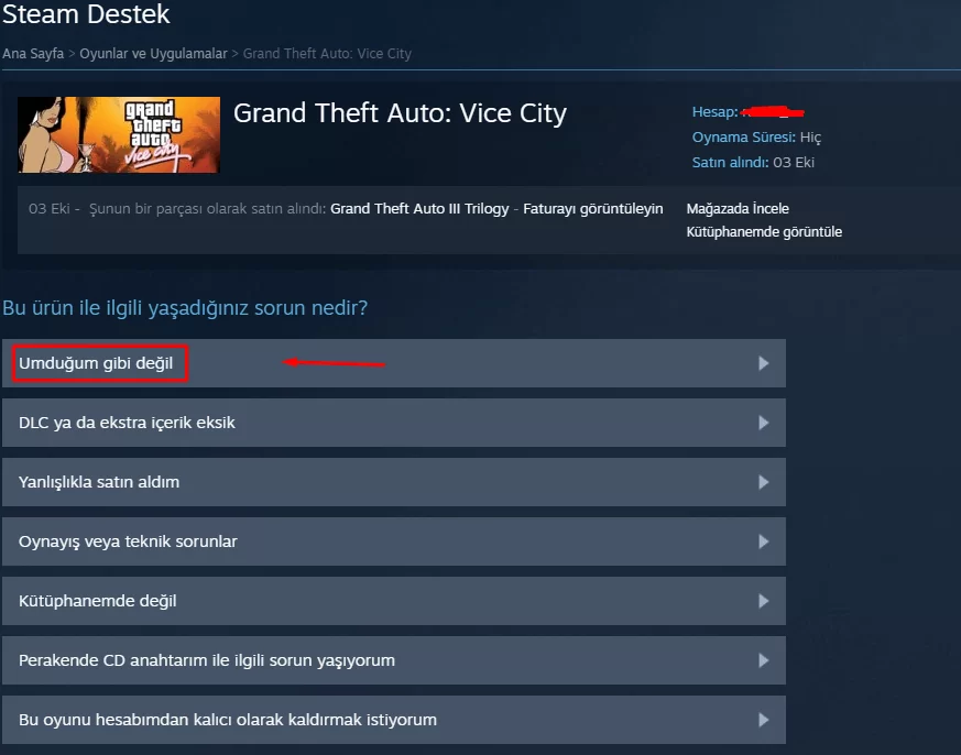 Steam Destek'te sorun listesi, "Umduğum gibi değil" seçeneği
