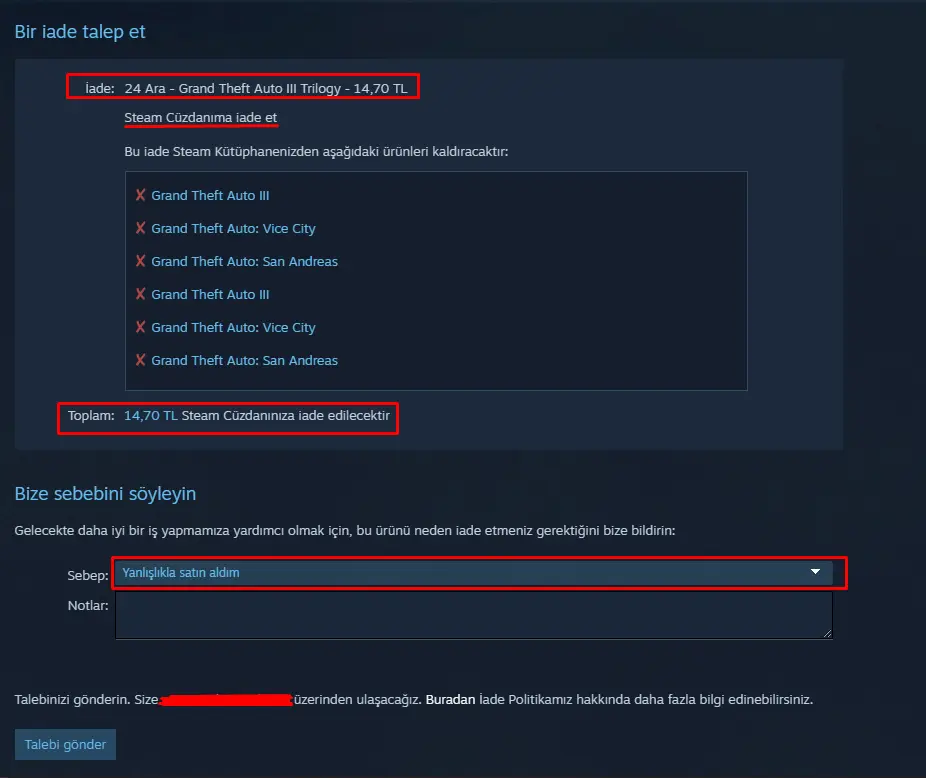 Steam iade talebi formu: iade yöntemi, sebep seçimi ve Talebi gönder düğmesi
