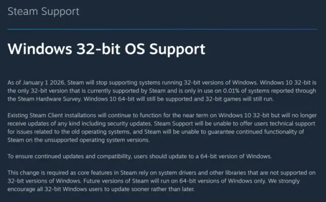 Steam, 32 bit desteğini sonlandırıyor